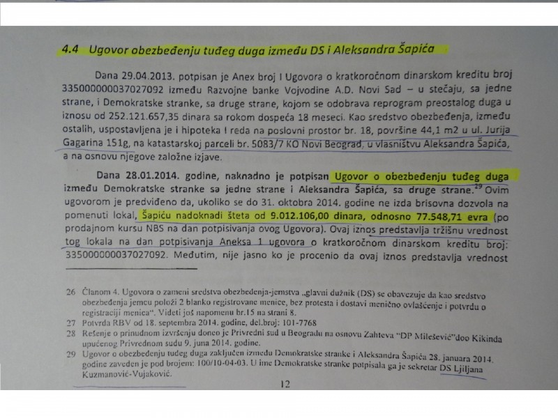 Od svih garanata duga Demokratske stranke jedino su Dragan Đilas i Aleksandar  Šapić dobili ekskluzivno pravo na nadoknadu štete i obezbeđenje založenih nekretnina